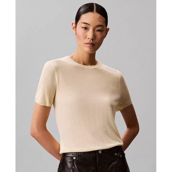 Calvin Klein Women's Fine Gauge Short-Sleeve Sweater TopSoft Lightweight Cream L - Picture 1 of 9